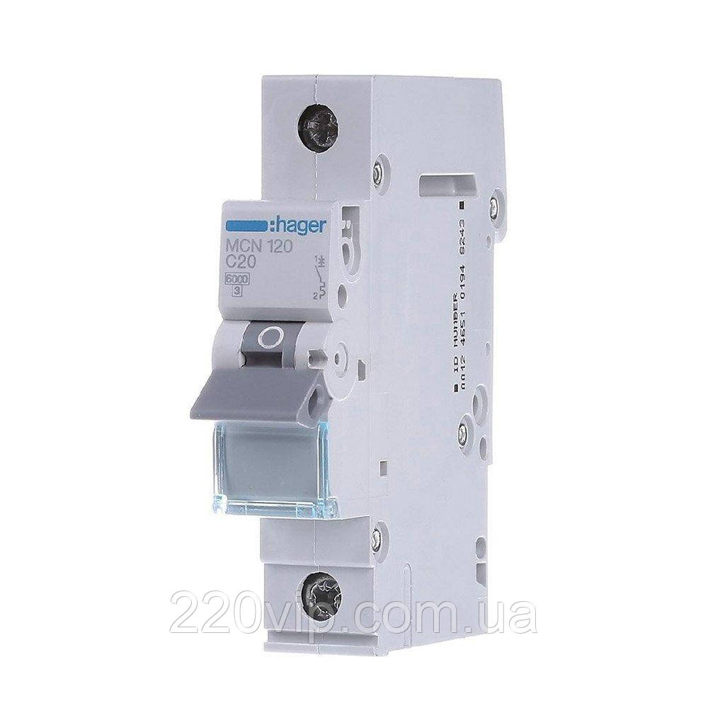 Автоматичний вимикач HAGER однополюсний 1P 20А C, MCN120, Хагер модульний автомат для щитів і боксів, фото 1
