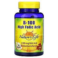 Nature's Life, B100, високий рівень фолієвої кислоти, 1360 мкг, 100 капсул