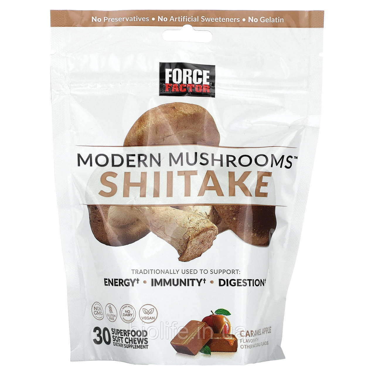 Force Factor, Modern Mushrooms, шиїтаке, карамель і яблуко, 30 жувальних таблеток із суперфудами оригінал, фото 1