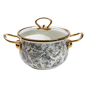 Емальована каструля на 2 л зі скляною кришкою flowers