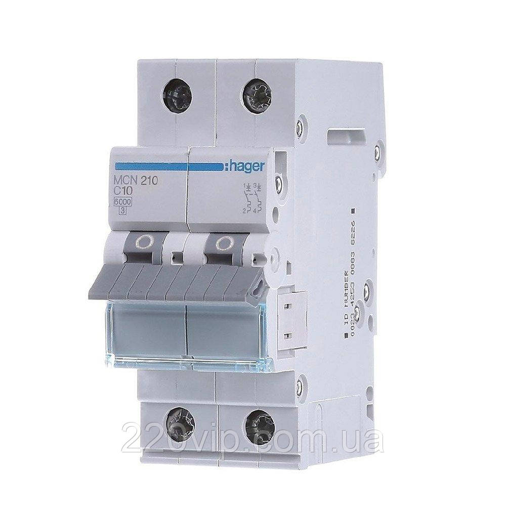 Автоматичний вимикач HAGER двополюсний 2P 10А C, MCN210, Хагер модульний автомат для щитів і боксів, фото 1