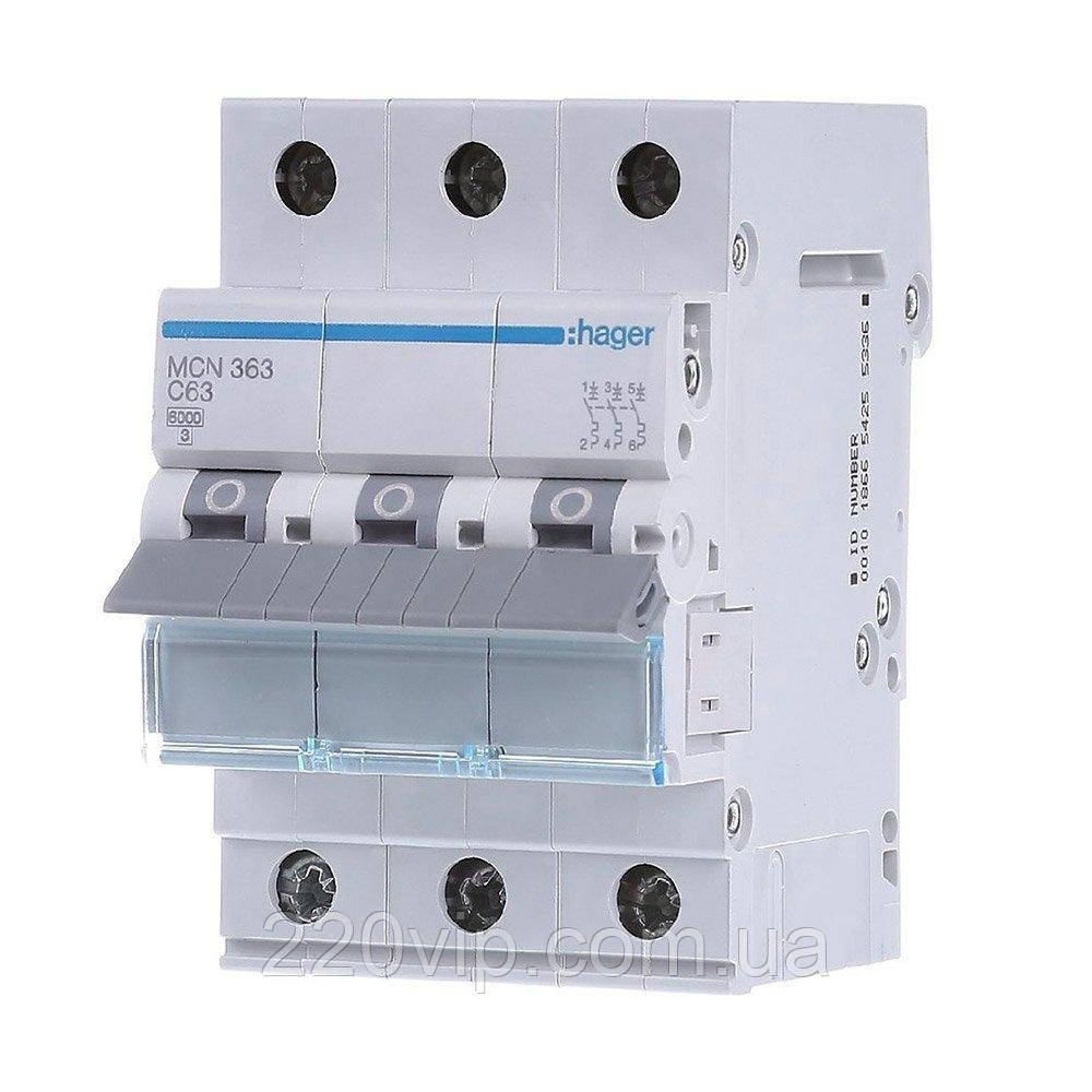 Автоматичний вимикач HAGER триполюсний 3P 63А C, MCN363, Хагер модульний автомат для щитів і боксів, фото 1