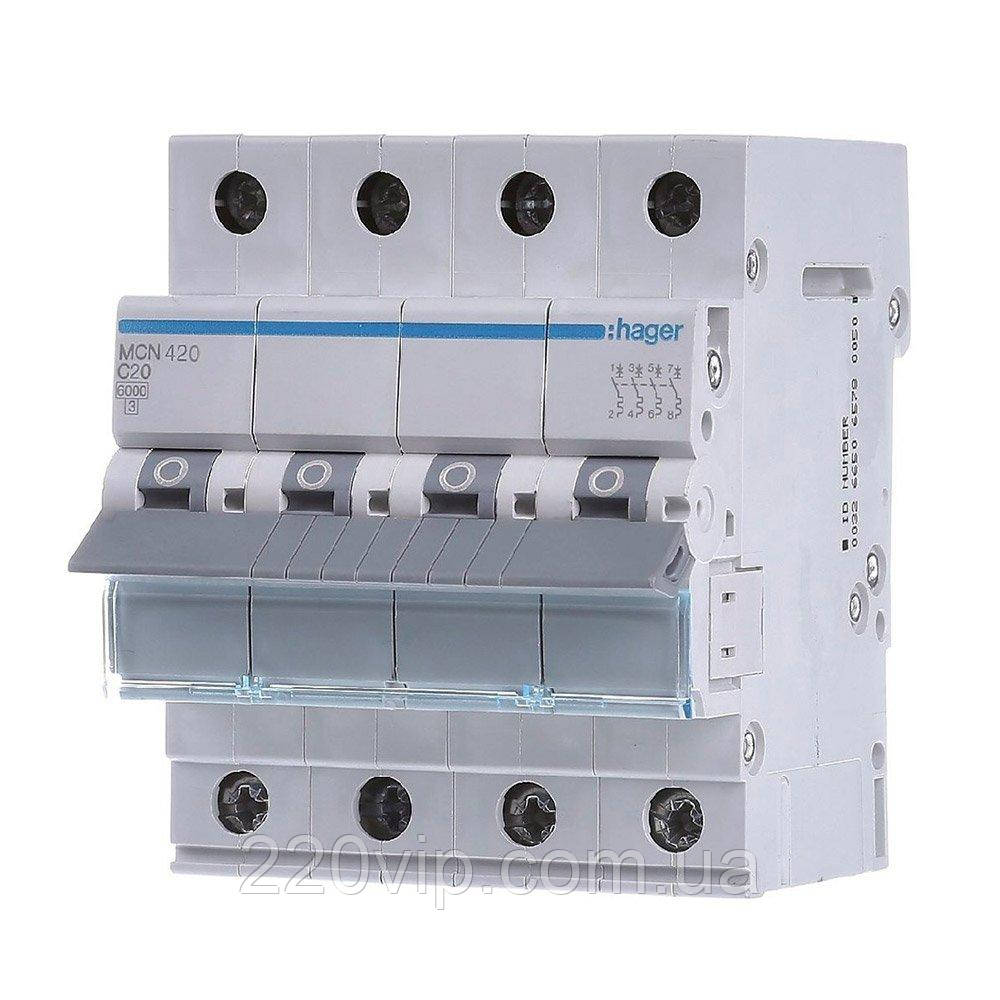 Автоматичний вимикач HAGER чотириполюсний 4P 20А C, MCN420, Хагер модульний автомат для щитів і боксів, фото 1