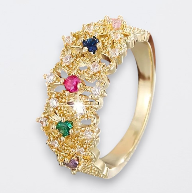 Жіноча каблучка у вінтажному стилі з 5 різнокольоровими камінцями, золотиста, розмір 18, фото 1