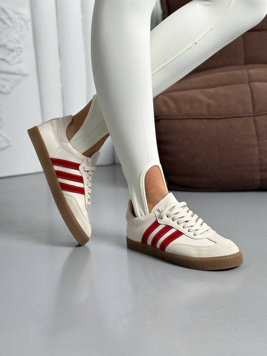 Кеди жіночі шкіряні молочні з червоними смужками, фото 1