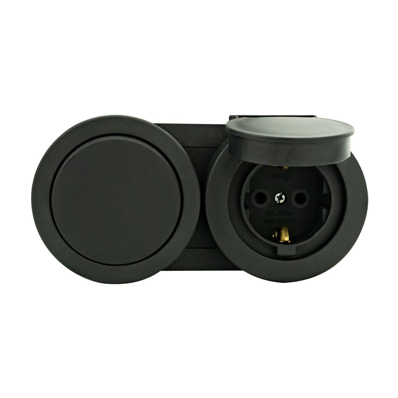 Вимикач 1-клавішний + Розетка з заземленням з кришкою антрацит xOne