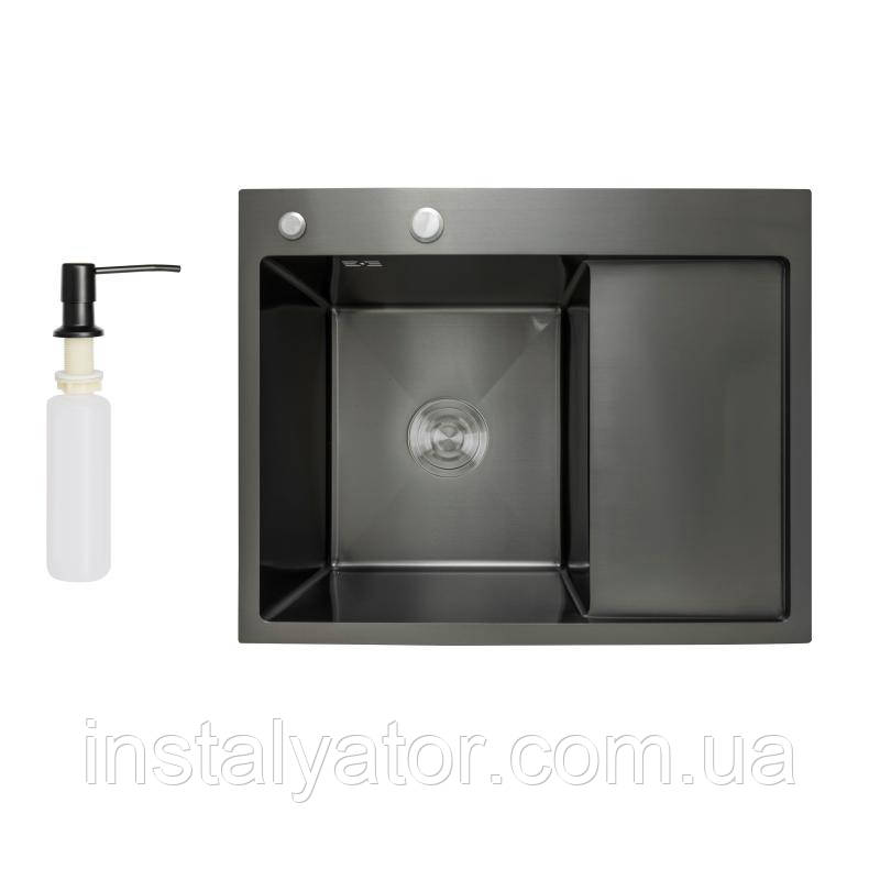 Мийка для кухні з крилом інтегрована права Lidz Handmade H6350BR (LDH6350BRPVD45590) Brushed Black PVD 3,0/1,0