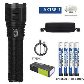 Ліхтар AK138-1 WHITE LASER LED PM60-TG+СУМКА, 8x18650 3.7V, power bank, індикація заряду, ЗП Type-C, zoom, Box AuraHome