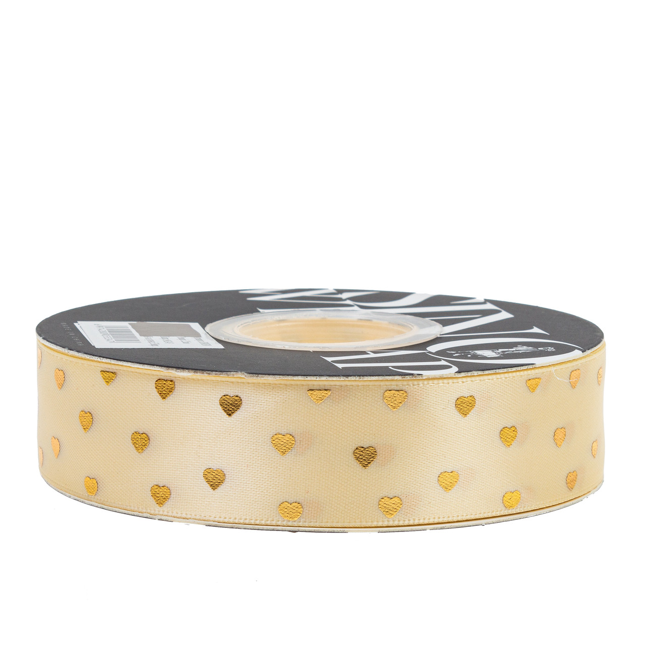 Стрічка атласна 2,5 см (1 м) "Золоті серця", молочна, фото 1