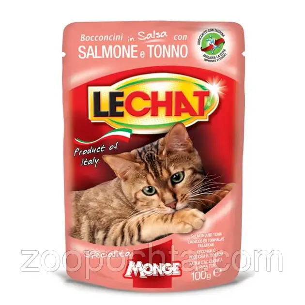 Вологий корм для котів Monge (Монж) Lechat Cat Wet Adult тунець та лосось 0.1 кг 24 шт, фото 1