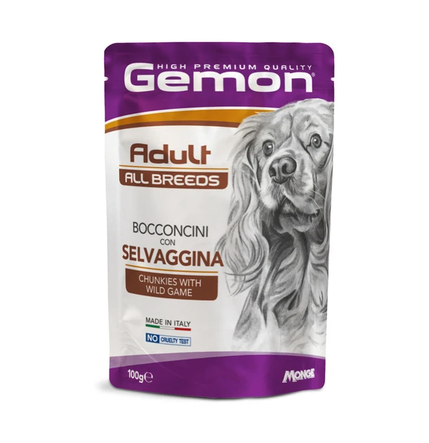 Акція12+12! Вологий корм для собак Gemon Dog Adult шматочки з м'ясом диких тварин 100 гр*24 шт