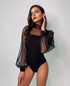 Жіночий чорний боді під горло з сіткою