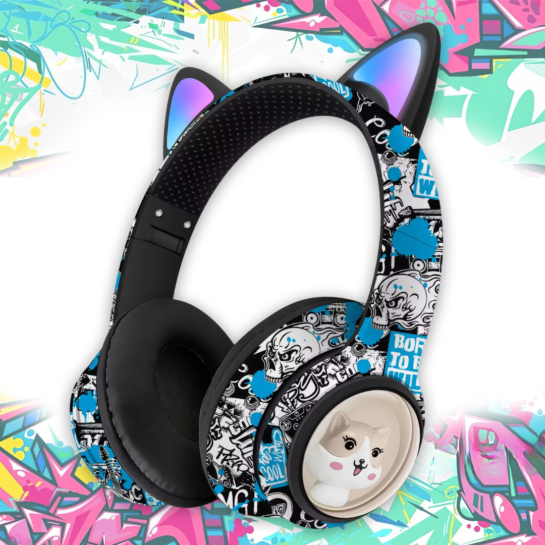 Безпровідні накладні навушники в стилі графіті з вушками AKZ-37 Bluetooth LED, фото 1