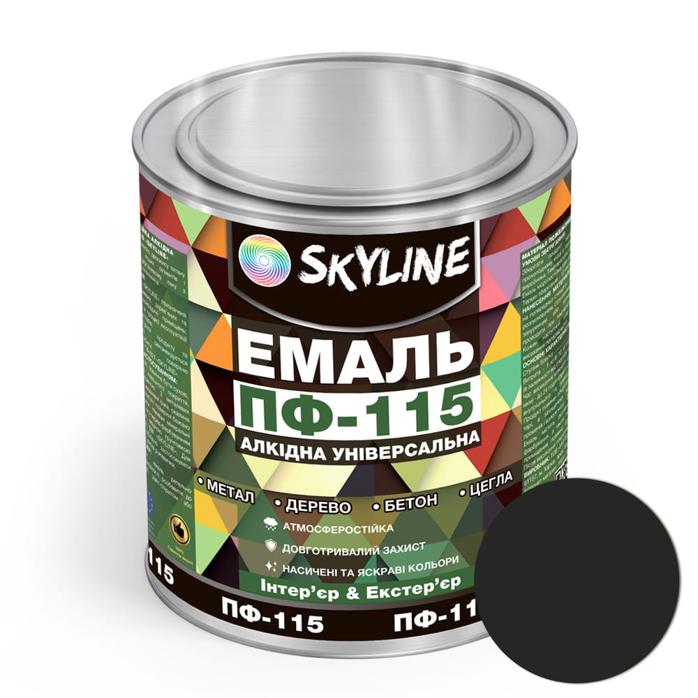 Емаль ПФ-115 алкідна універсальна атмосферостійка «Skyline» Чорний матовий 0.9 кг, фото 1