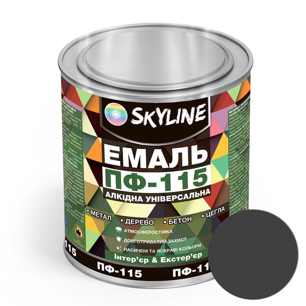 Емаль ПФ-115 алкідна універсальна атмосферостійка «Skyline» Темно-сірий 0.9 кг, фото 1