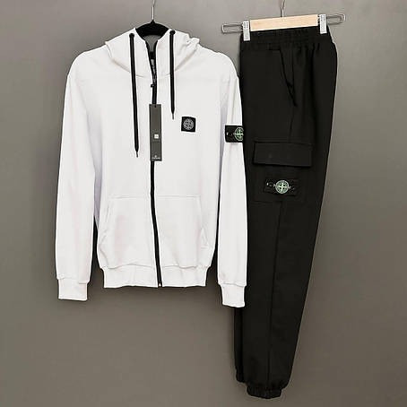 Чоловічий спортивний костюм Stone Island Толстовка + Штани чорно-білий з капюшоном Стон Айленд