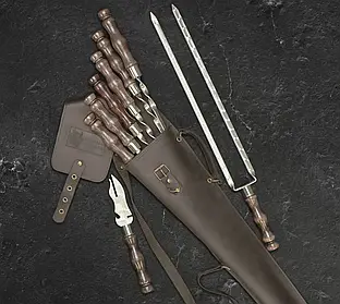 Шампури ручної роботи з неіржавкої сталі "Асгард" у шкіряному кейсі на подарунок шефу Темно-коричневий