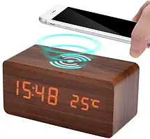 Настільний годинник UFT Wood Wireless clock Brown з бездротовою зарядкою
