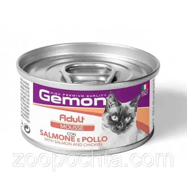 Вологий корм для кішок Gemon Cat Wet Adult Мус з лососем та куркою 85 *24 шт