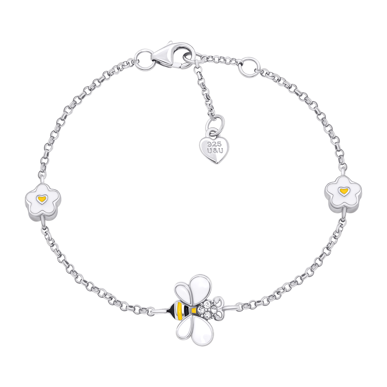 UmaUmi Браслет на ланцюжку Бджілка з квіточкою з біло-жовтою емаллю та фіанітами, фото 1