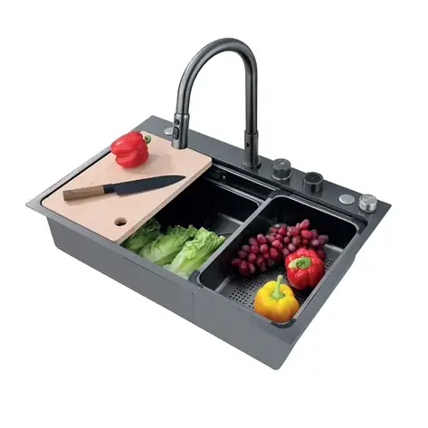 Мийка Zerix ZH7548-SET-03 Nano-Black з вбудованим змішувачем із неірж. сталі (ZM5577), фото 1