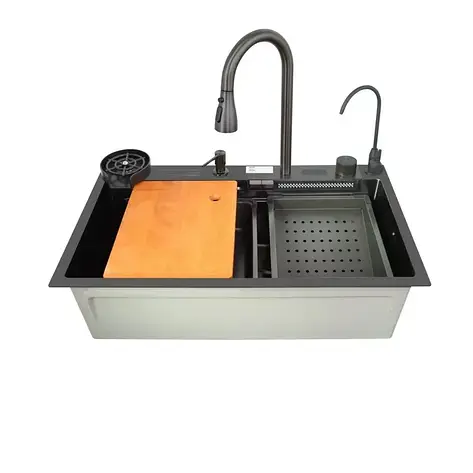 Мийка багатофункціональна Zerix ZH7546-SET-07 DECOR NANO-BLACK з вбудованим змішувачем (ZX5683), фото 1