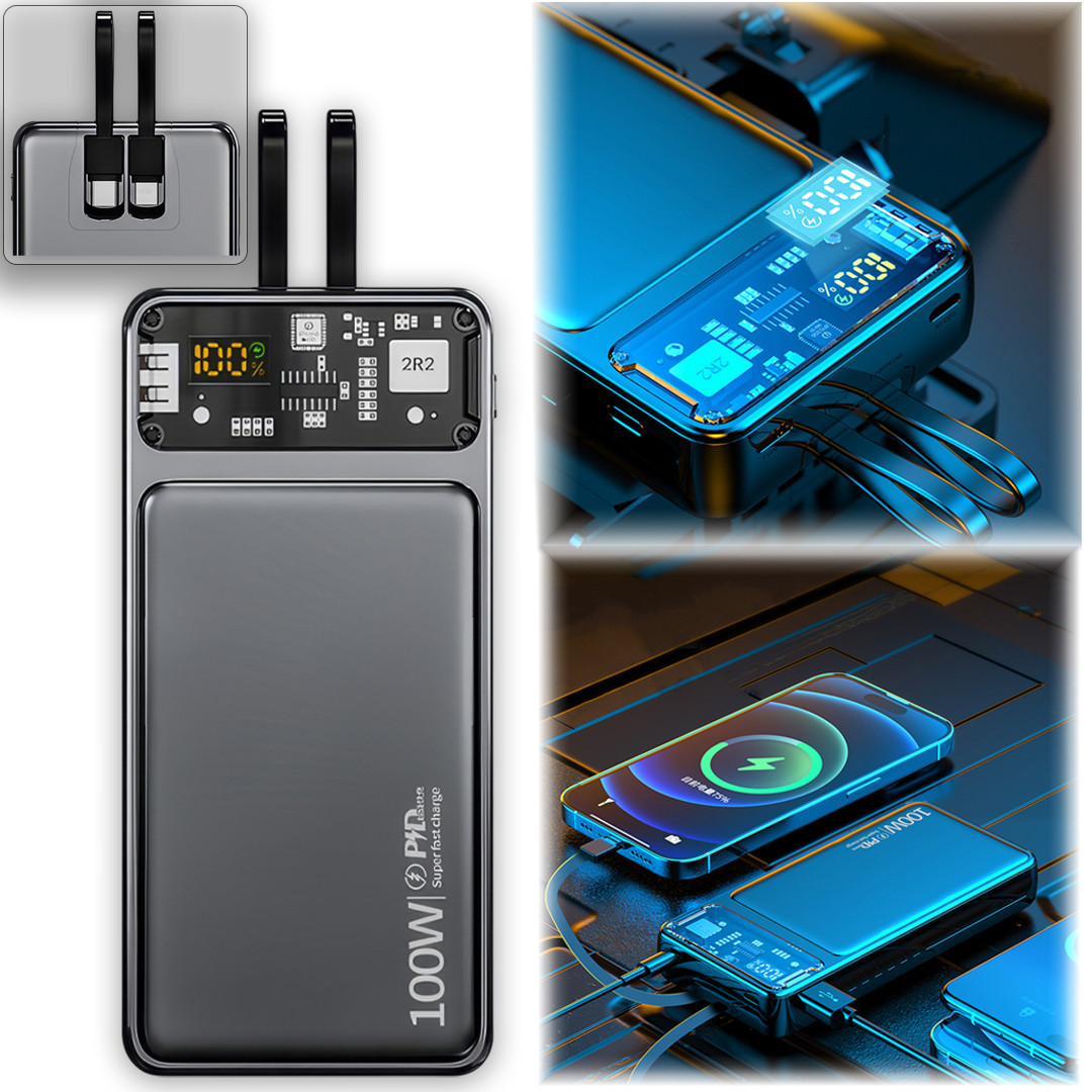 PowerBank 100W 20000 mAh Зовнішній акумулятор із вбудованими проводами та дисплеєм