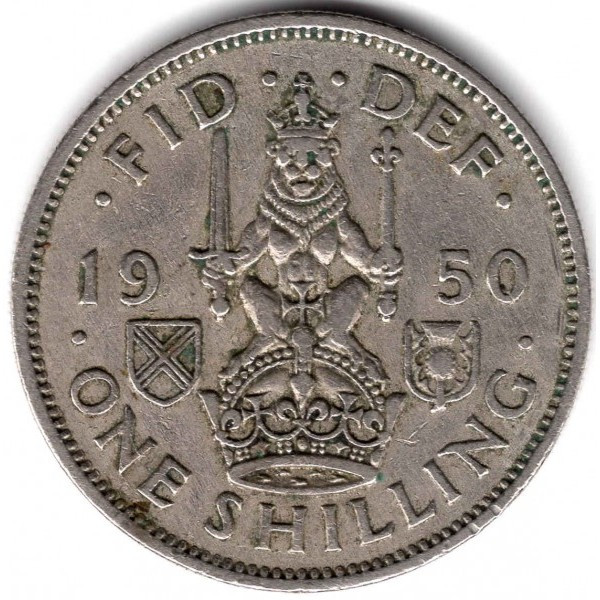 Велика Британія Король Георг VI 1 шилінг, 1950 рік Шотландський клейнод - лев, що сидить на короні №3539