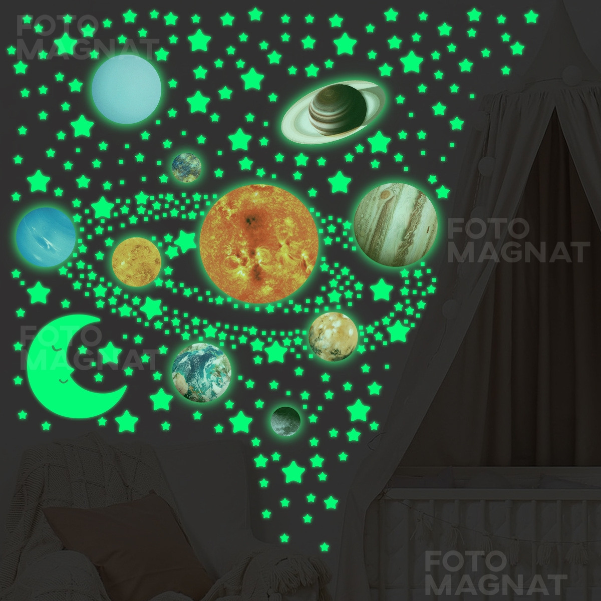 Фосфорні наліпки на стіну або стелю "Planets" - люмінесцентні наліпки, що світяться, зіркове небо, планети, 525 шт.