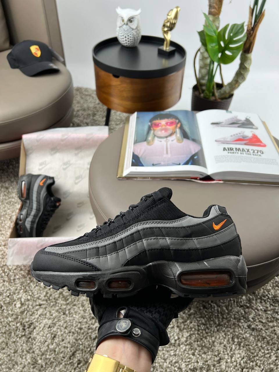 Чоловічі шкіряні текстиль кросівки Nike Air Max 95 Black Grey Orange, кеди Найк чорні. Чоловіче взуття