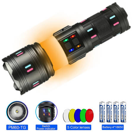 Ліхтар ручний night vision fluorescence AK178-1-white laser led PM60-TG+COB, 4x18650, power bank, ЗУ Type-C, zoom, 5 фільтрів, фото 1
