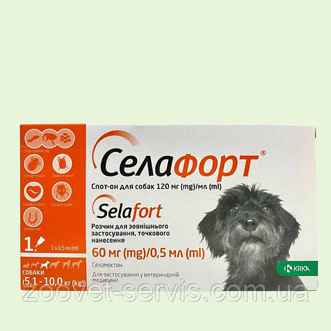 Selafort (Селафорт) краплі на холку від бліх, кліщів та гельмінтів для собак від 5,1 до 10 кг піпетка 0,5 мл, фото 1
