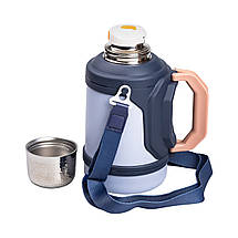 Похідний термос на 1,5 л зі складними ручками і фліп кришкою Vacuum Cup темно-синій, фото 3