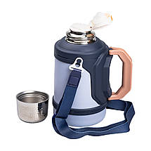 Похідний термос на 1,5 л зі складними ручками і фліп кришкою Vacuum Cup темно-синій, фото 6