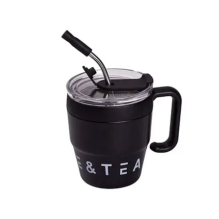 Термочашка на 480 мл із трубочкою та подвійним відкриванням Coffee & Tea чорна, фото 3