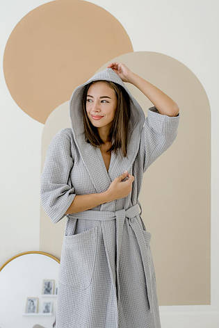 Жіночий Халат COSY з капюшоном вафельний сірий, фото 1