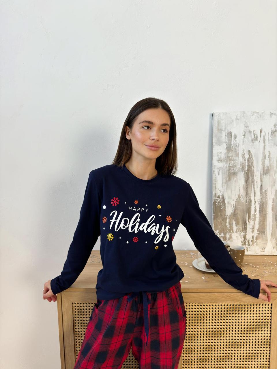 Лонгслів жіночий Happy Holidays, синій