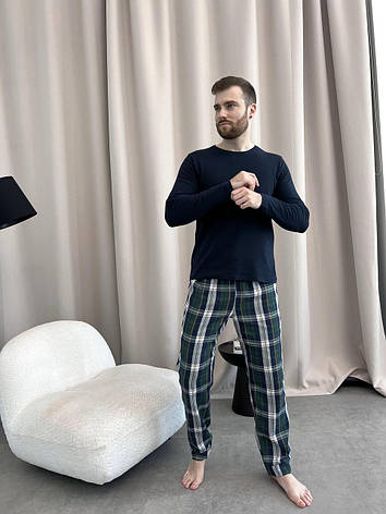 Домашня піжама для чоловіків COSY із фланелі (штани+лонгслів темно синій) в клітину синьо-зелені, фото 1