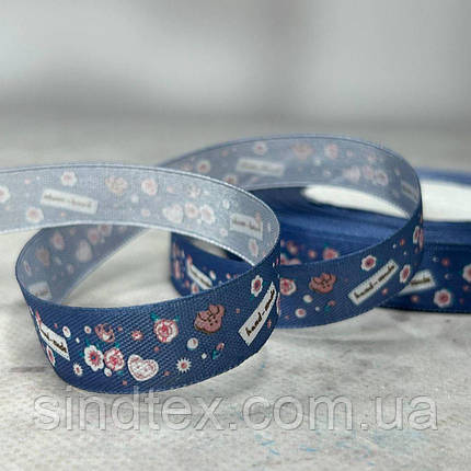 1,5 см Стрічка сатинова з принтом на метраж - #743/1 - синій джинс, фото 1