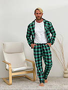 Піжама чоловіча COSY з фланелі (штани+сорочка+футболка) клітина зелено/чорна