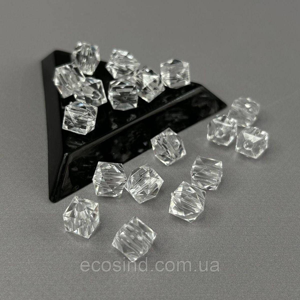 (20 гр) Намистини пластик грановані «Куб» Ø9 мм, - прозорий, фото 1