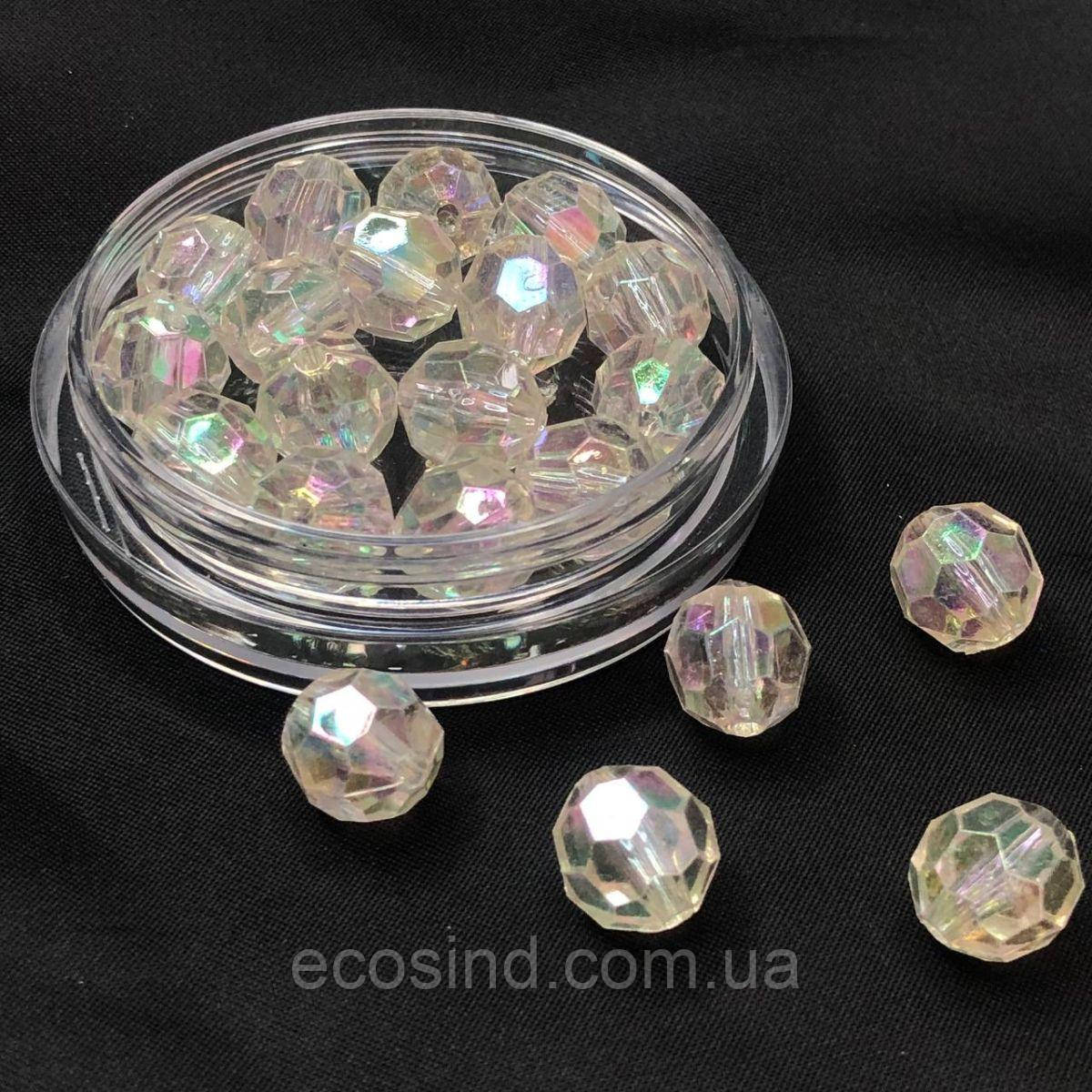 20 г/уп - Ø12 мм Намисто гранована пластик - прозорий з переливом, фото 1