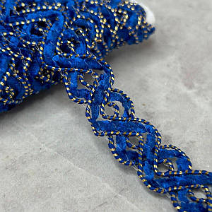 Велюрова тасьма косичка 2 см - синя з золотом