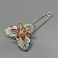 Брошка-шпилька «Бурштинова квітка» 7,5 см - світле срібло #23103