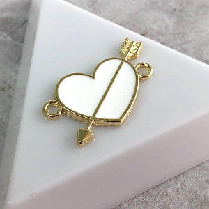 Конектор металевий "Серце з емаллю" 16х25 мм, - білий у золоті