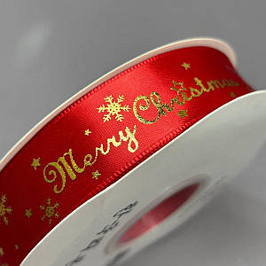 Стрічка атласна 2,5см із новорічним малюнком - червона Merry Christmas