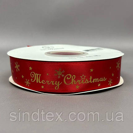 Стрічка атласна 2,5см із новорічним малюнком - червона Merry Christmas, фото 4