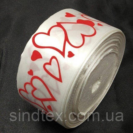 Атласна стрічка біла "Hearts" 5 см (23 м) "Sindtex" (АЛР5-003), фото 1