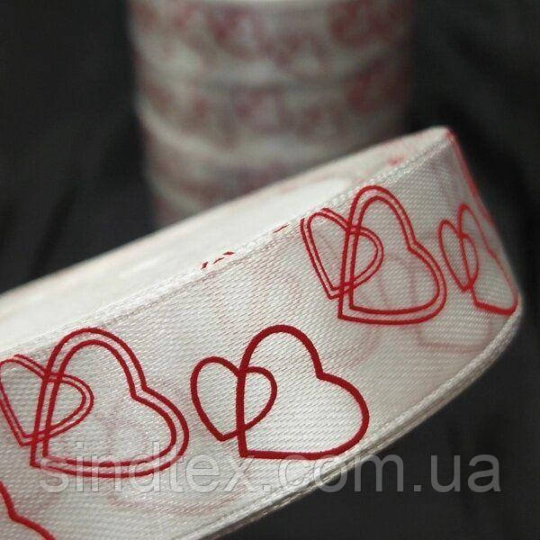 Атласна стрічка біла "Сердечки" 2,5 см (23 м) "Sindtex" (АЛР2-008)