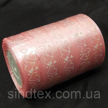 Атласна стрічка рожева "Сердечки" 2,5 см (23 м) "Sindtex" (АЛР2-010), фото 4